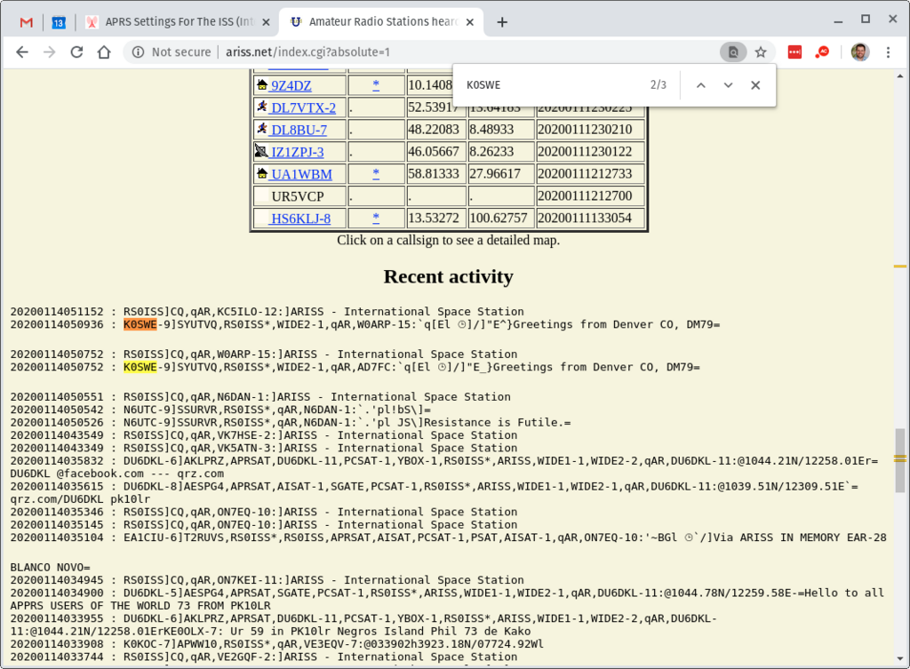 ARISS APRS website showing K0SWE